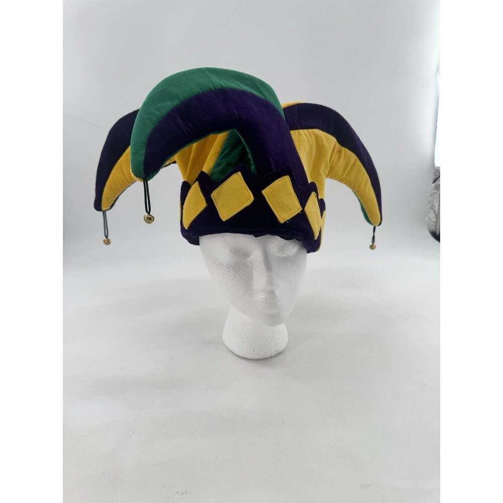 Mardi Gras Jester Hat 3 Point w/ Bells-Yellow Green Purple Velvet Adjustable